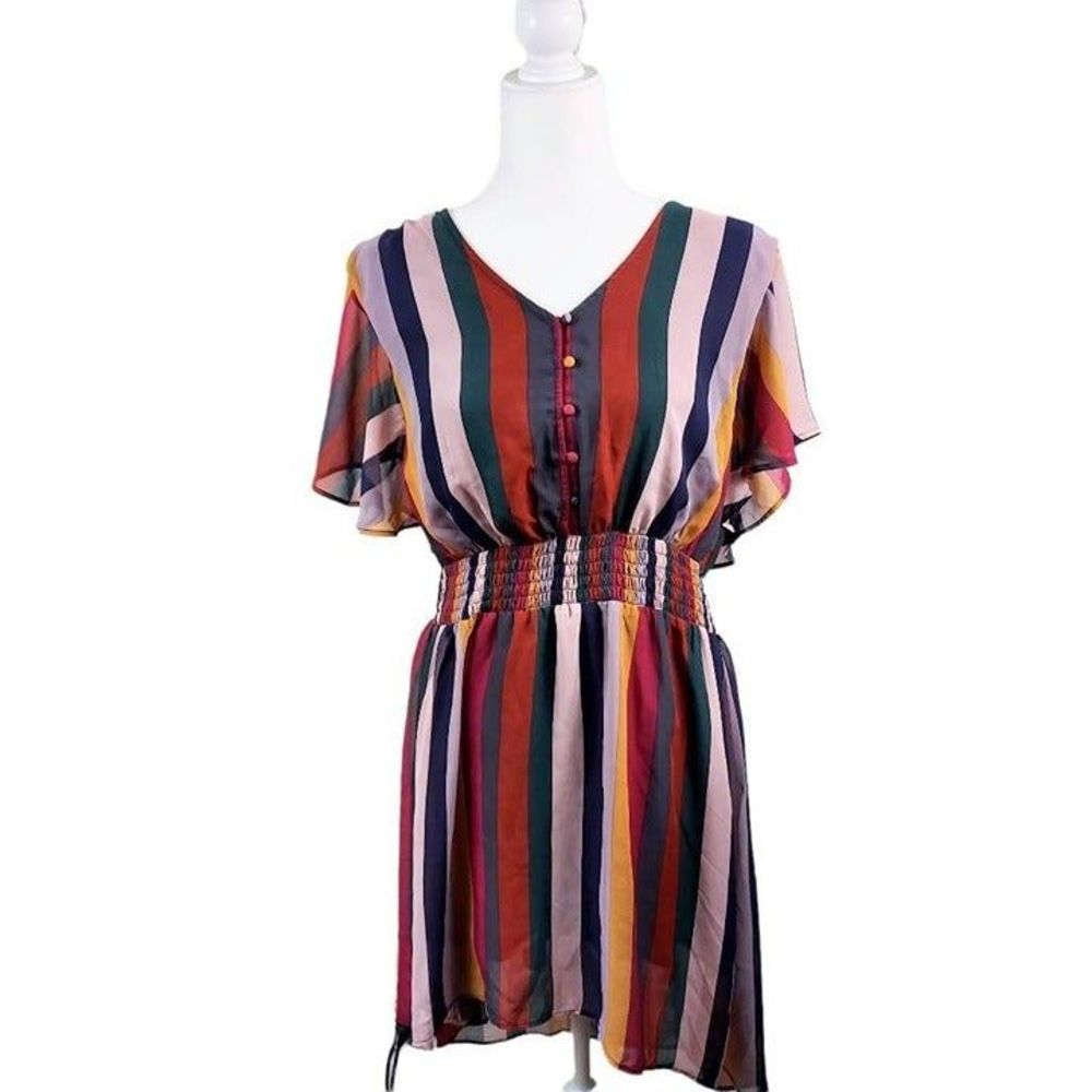 Eyeshadow Women's Shift Dress Multicolor Striped Smocked Short Sleeve Plus 1X